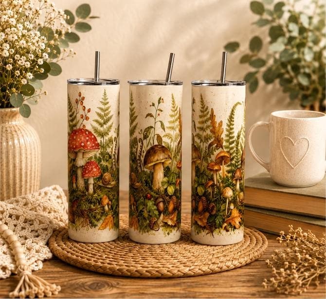 Mushroom Skinny Tumbler, Woodland Forest 20oz with Straw, Nature Lover Gift, view 2