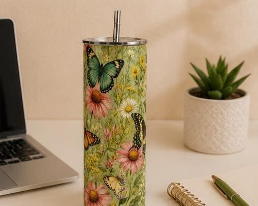 Butterfly Garden Tumbler, Vintage Botanical Wildflower Skinny Cup, view 4