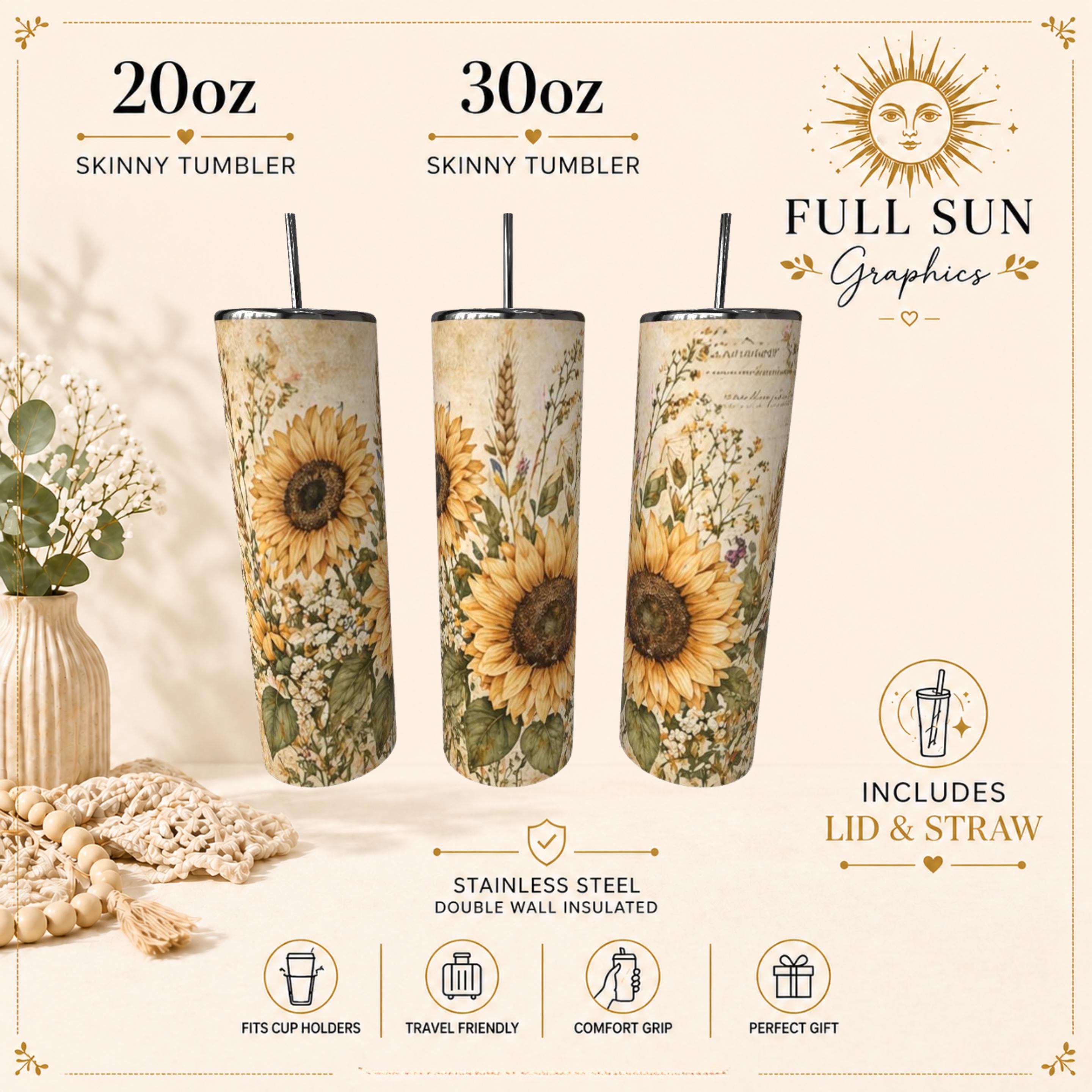 Wildflower Sunflower Tumbler, 20oz Stainless Steel Cup with Straw, Rustic Floral Gift for Her, view 4