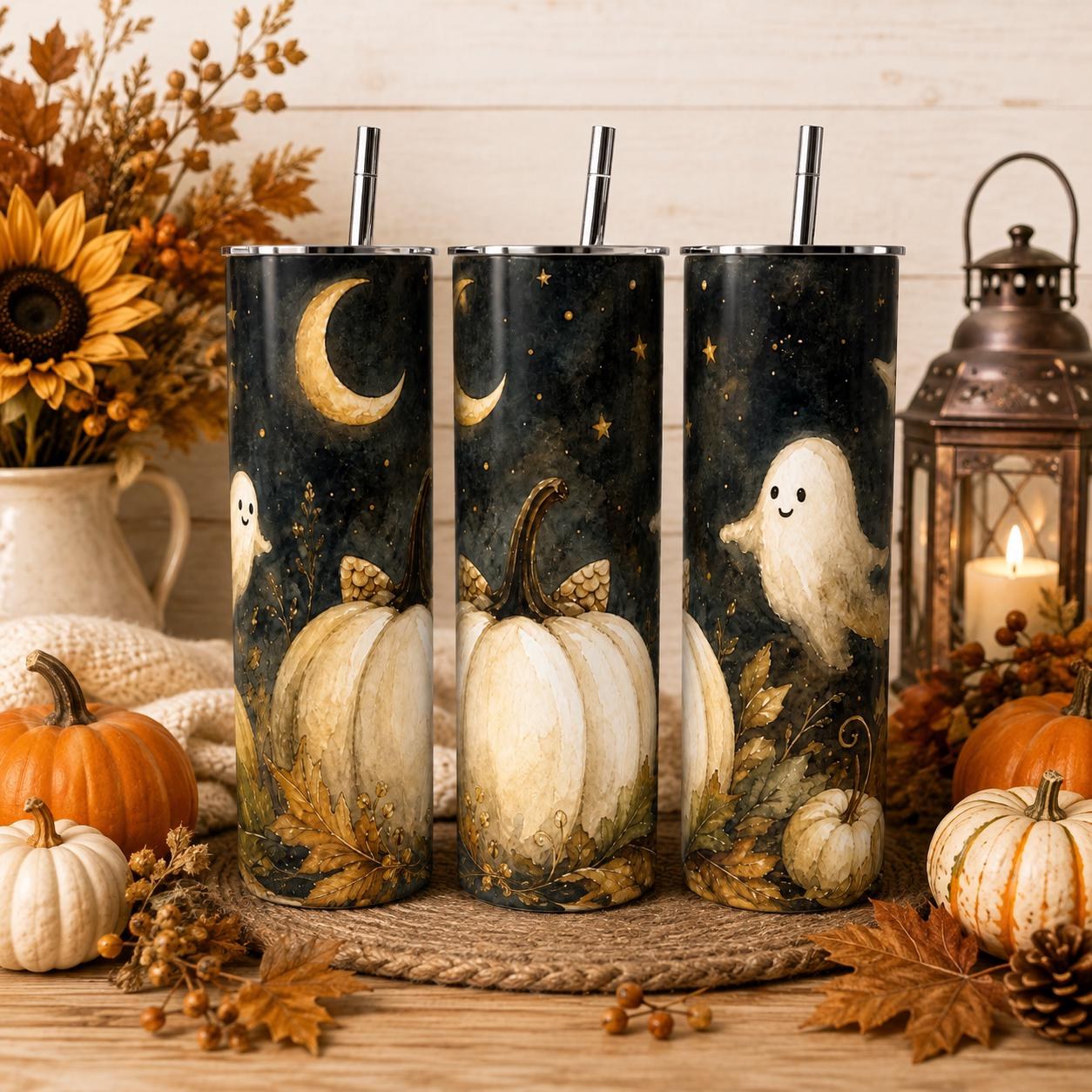Ghost Pumpkin Skinny Tumbler, Halloween 20oz Cup,Fall Gift for Her, view 2