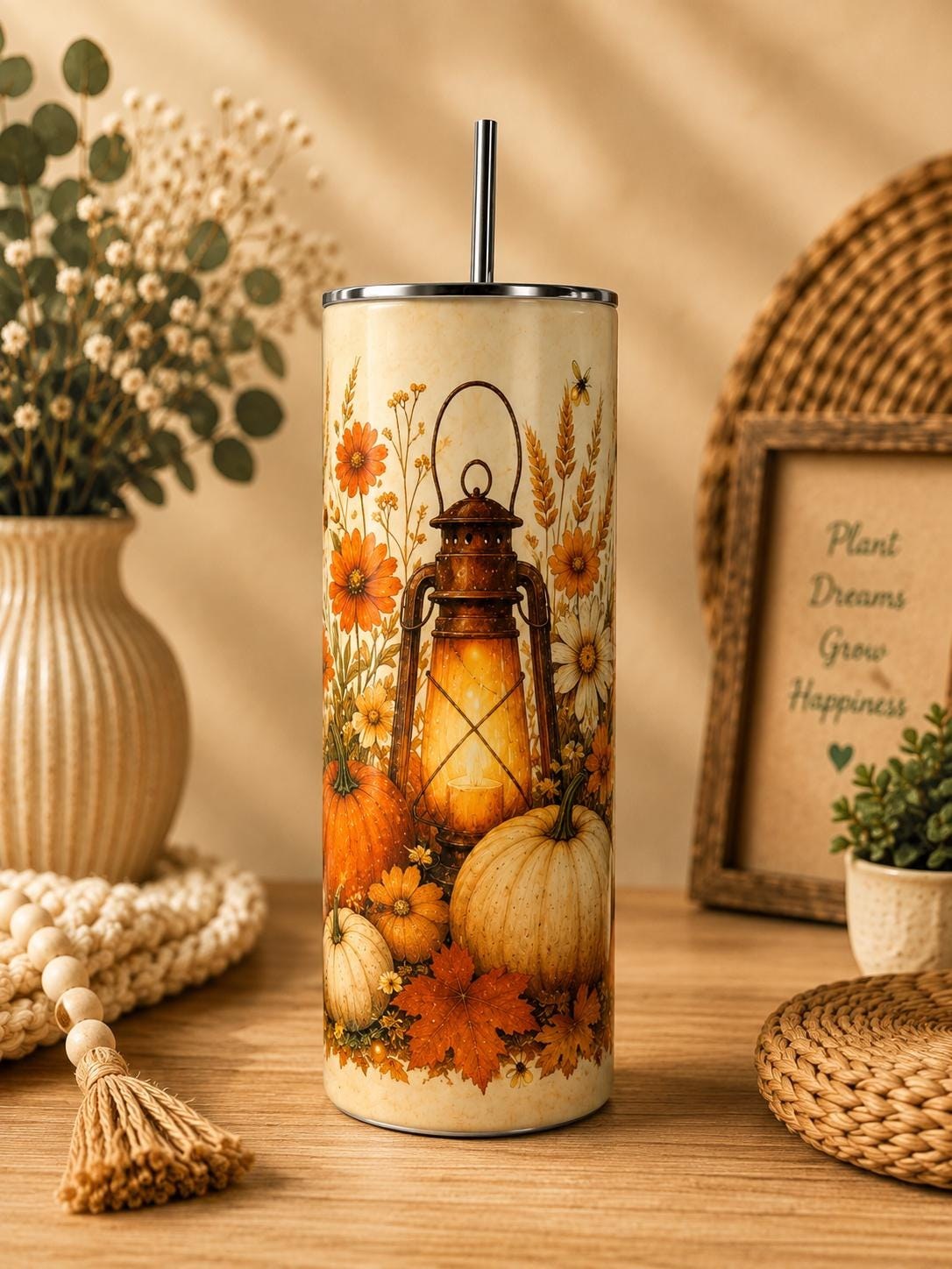 Fall Pumpkin Skinny Tumbler, Autumn 20oz with Straw, Fall Travel Cup Gift
