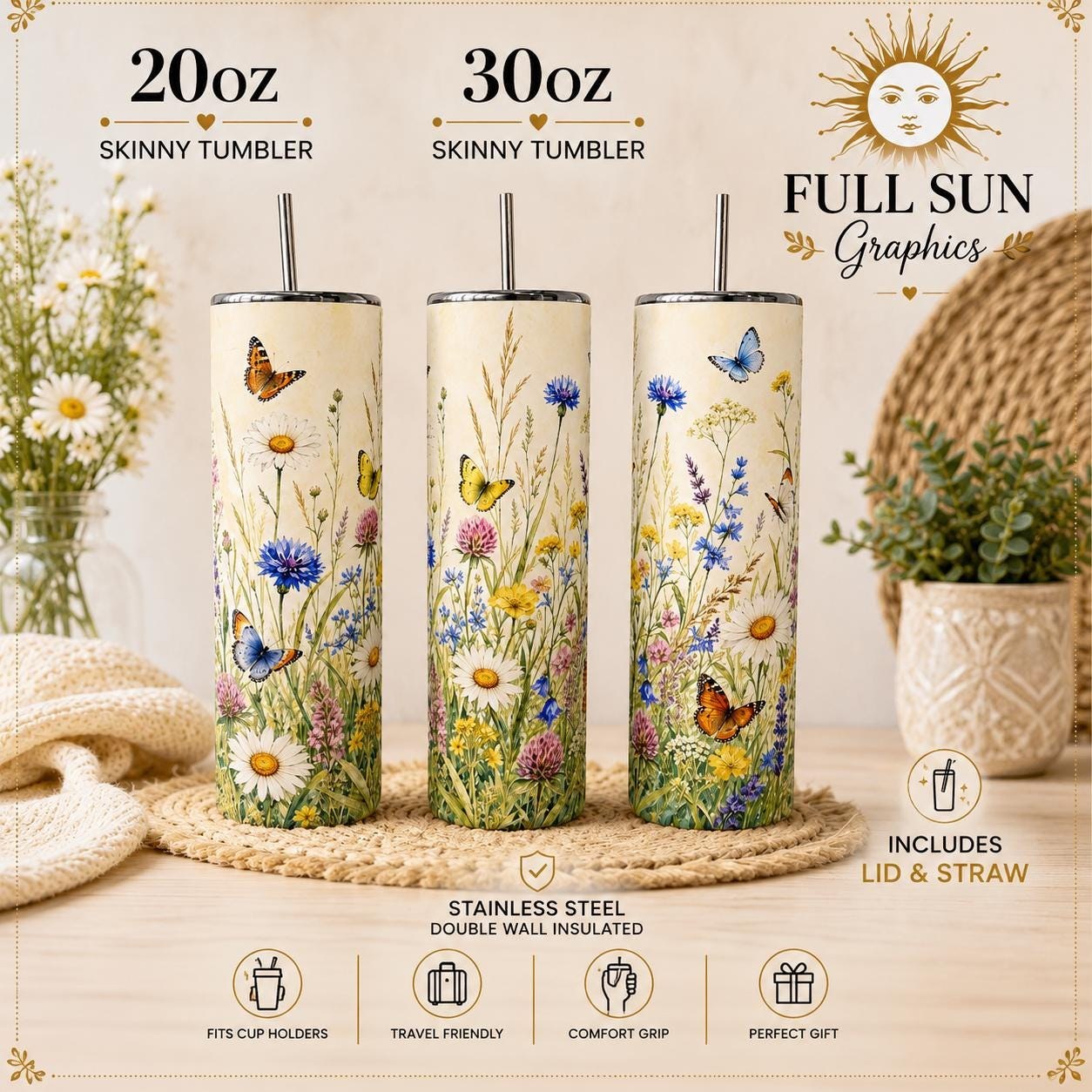 Wildflower Butterfly 20oz Skinny Tumbler Nature Lover Gift for Mom or Her, view 3