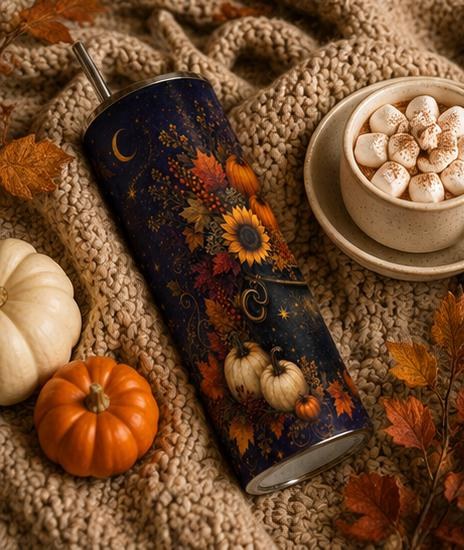 Fall Pumpkin Skinny Tumbler, Celestial Autumn 20oz Cup,Gift for Her, view 4