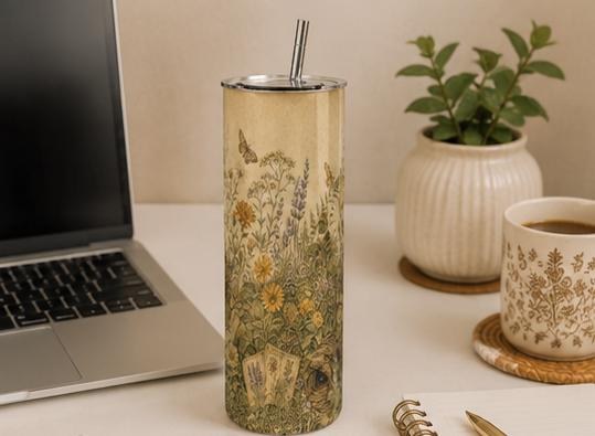 Vintage Botanical Wildflower Skinny Tumbler, Cottagecore Garden Travel Cup, view 4