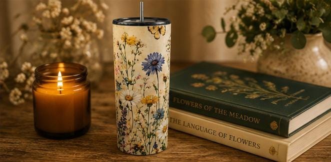 Wildflower Tumbler, Cottagecore Floral 20oz Stainless Steel Travel Cup, view 5