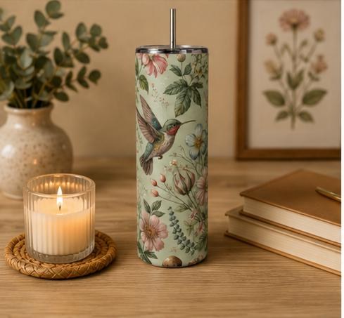 Hummingbird Botanical Floral Skinny Tumbler | Insulated Stainless Steel Cup, view 5