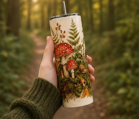 Mushroom Skinny Tumbler, Woodland Forest 20oz with Straw, Nature Lover Gift, view 3