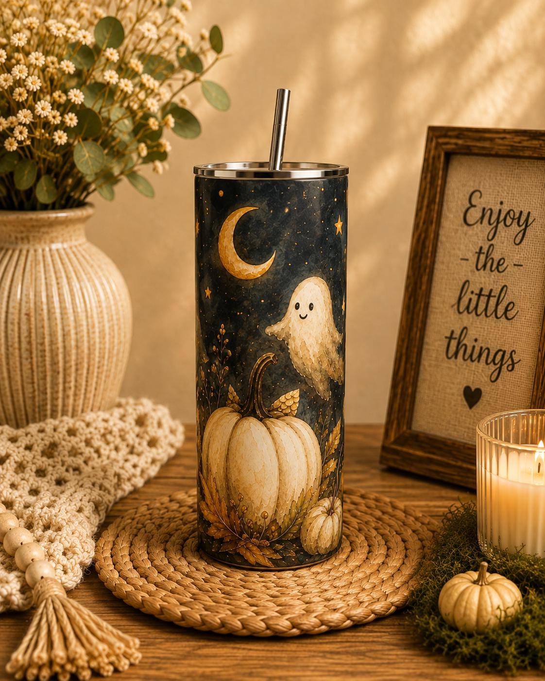 Ghost Pumpkin Skinny Tumbler, Halloween 20oz Cup,Fall Gift for Her