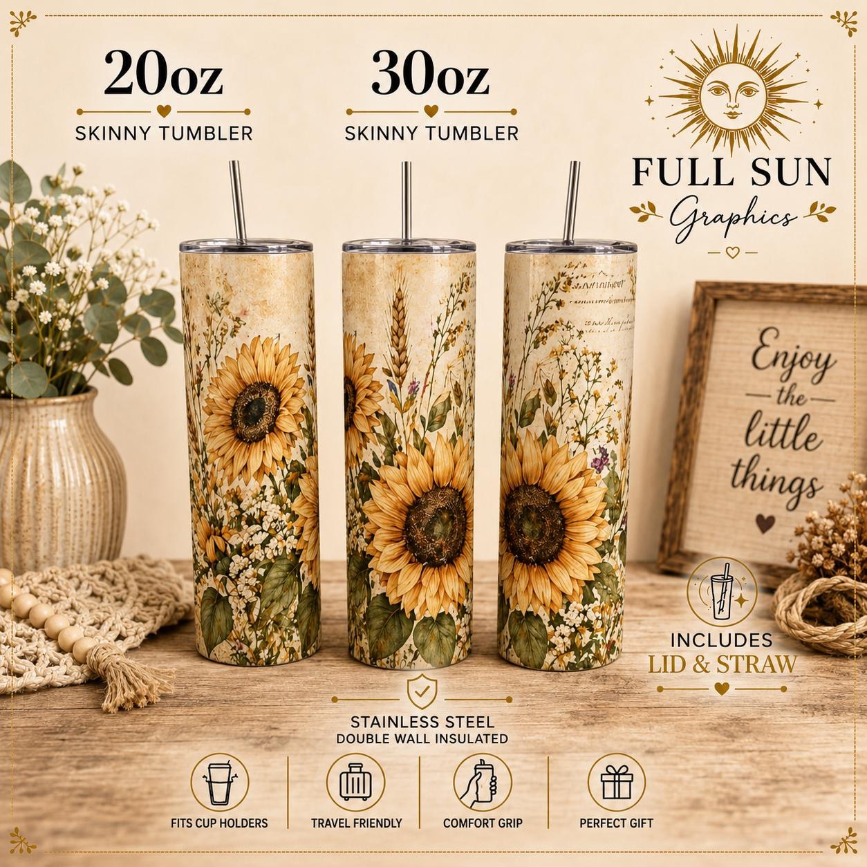 Wildflower Sunflower Tumbler, 20oz Stainless Steel Cup with Straw, Rustic Floral Gift for Her, view 3