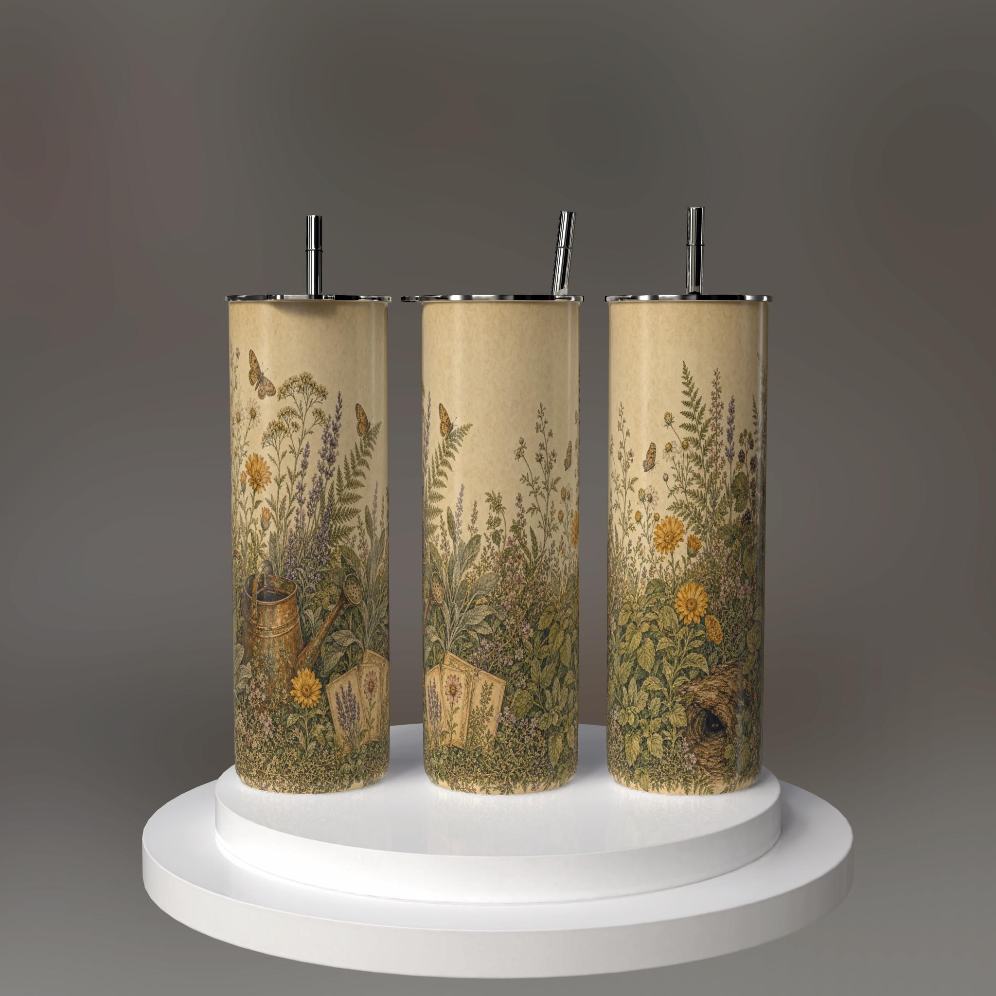 Vintage Botanical Wildflower Skinny Tumbler, Cottagecore Garden Travel Cup, view 7
