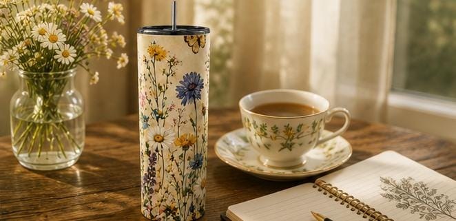 Wildflower Tumbler, Cottagecore Floral 20oz Stainless Steel Travel Cup, view 6