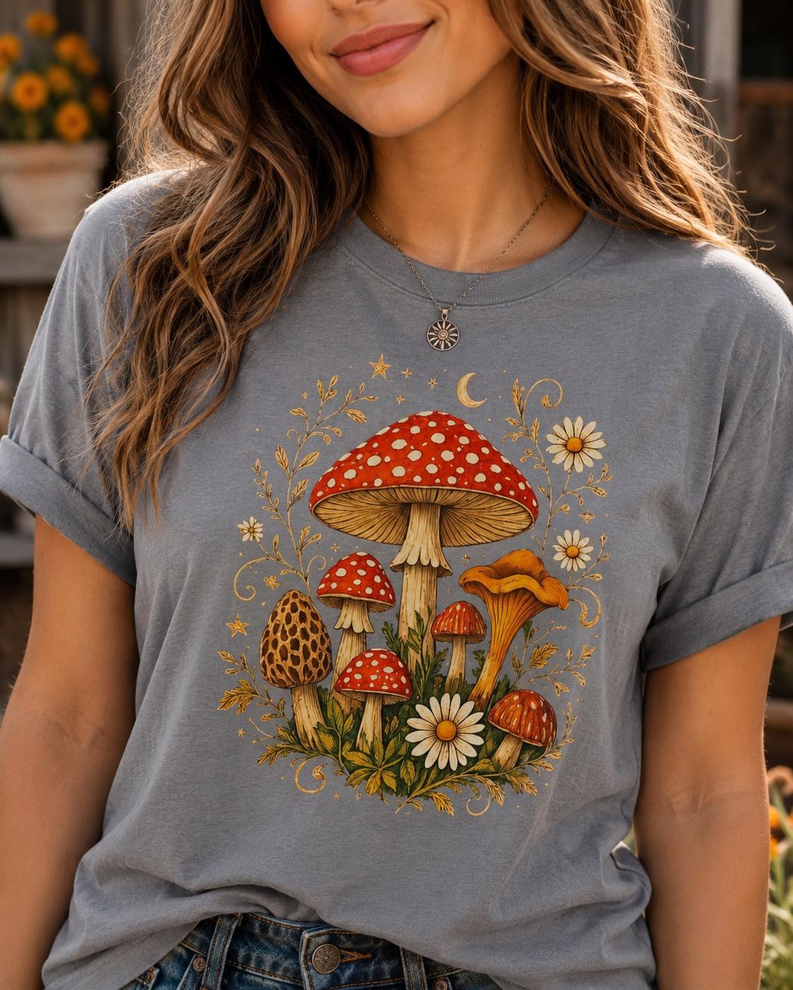 Cottagecore Mushroom Shirt, Celestial Wildflower Tee, Woodland Nature Gift