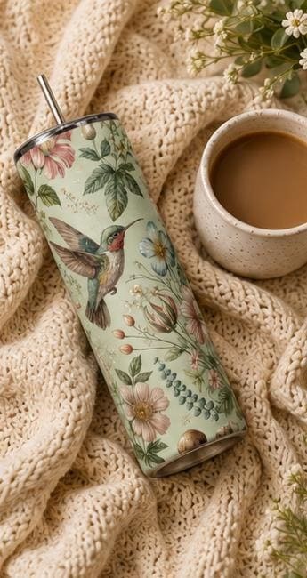 Hummingbird Botanical Floral Skinny Tumbler | Insulated Stainless Steel Cup, view 9
