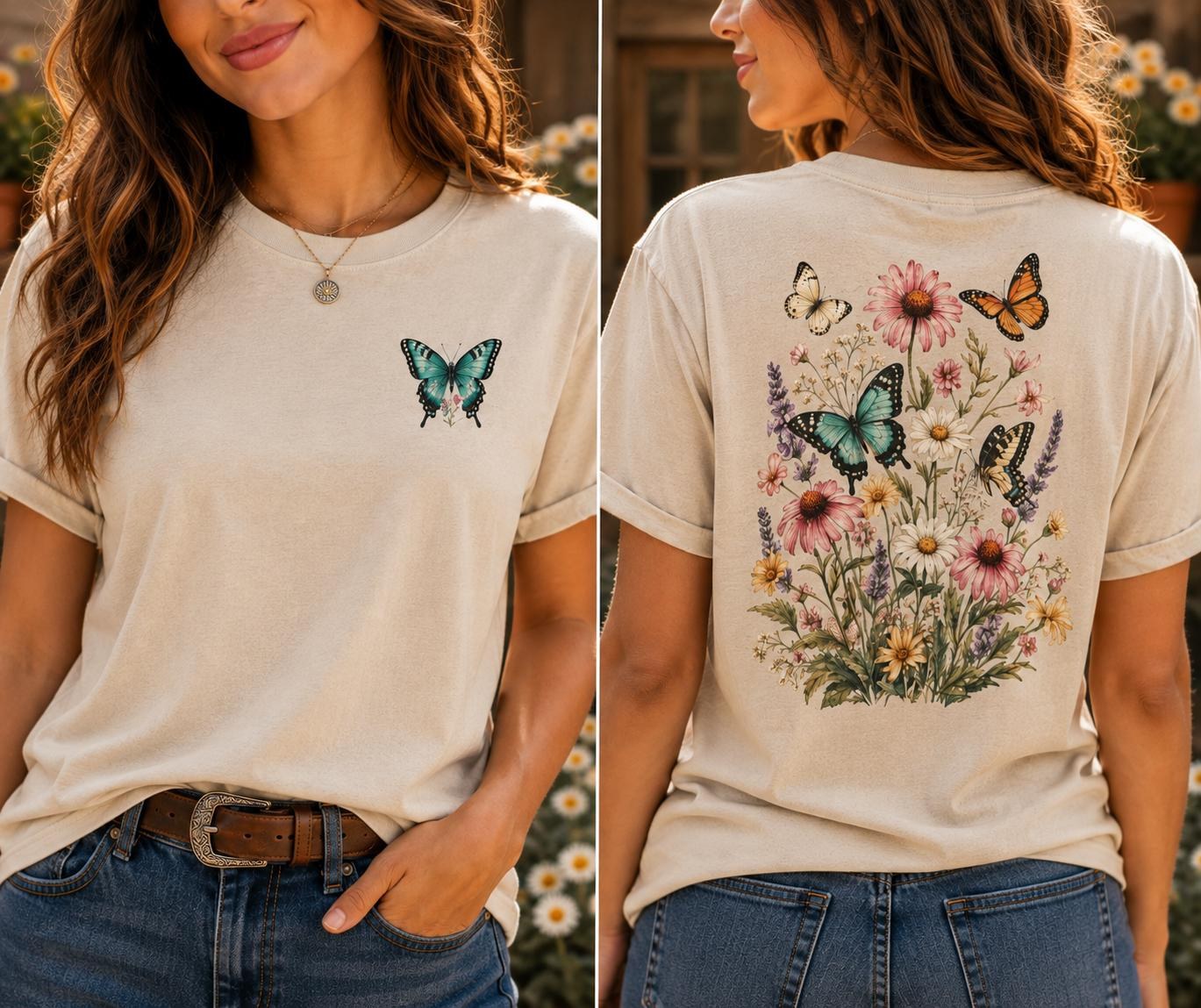 Wildflower Butterfly T-Shirt, Cottagecore Floral Botanical Tee, Nature Lover Gift