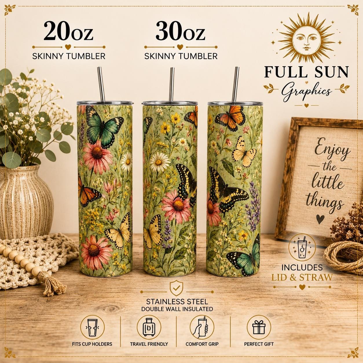Butterfly Garden Tumbler, Vintage Botanical Wildflower Skinny Cup, view 3