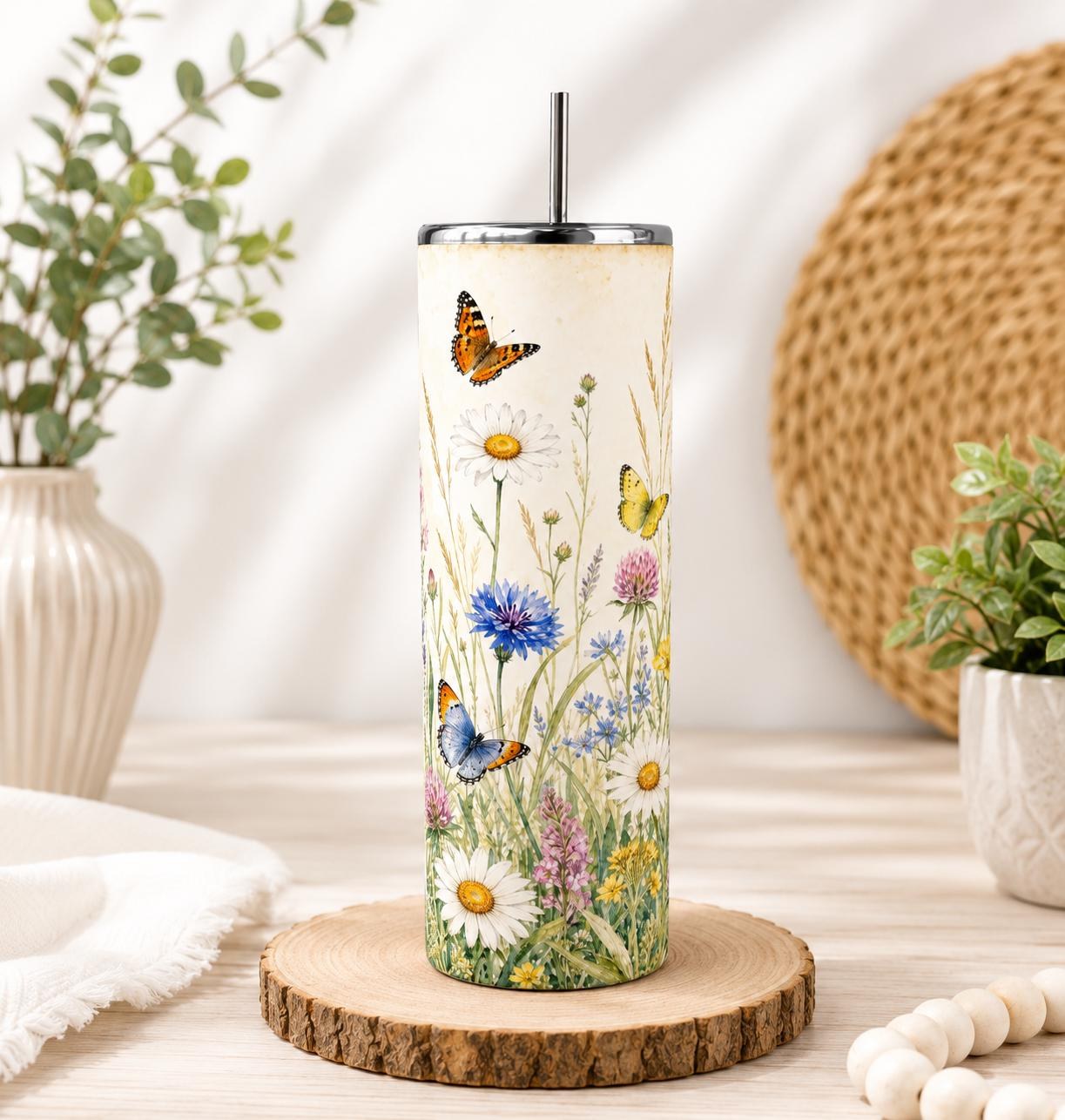 Wildflower Butterfly 20oz Skinny Tumbler Nature Lover Gift for Mom or Her, view 8