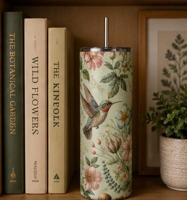 Hummingbird Botanical Floral Skinny Tumbler | Insulated Stainless Steel Cup, view 8