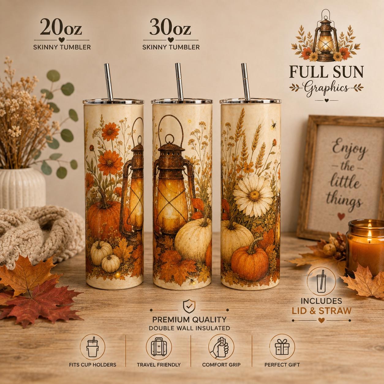 Fall Pumpkin Skinny Tumbler, Autumn 20oz with Straw, Fall Travel Cup Gift, view 2