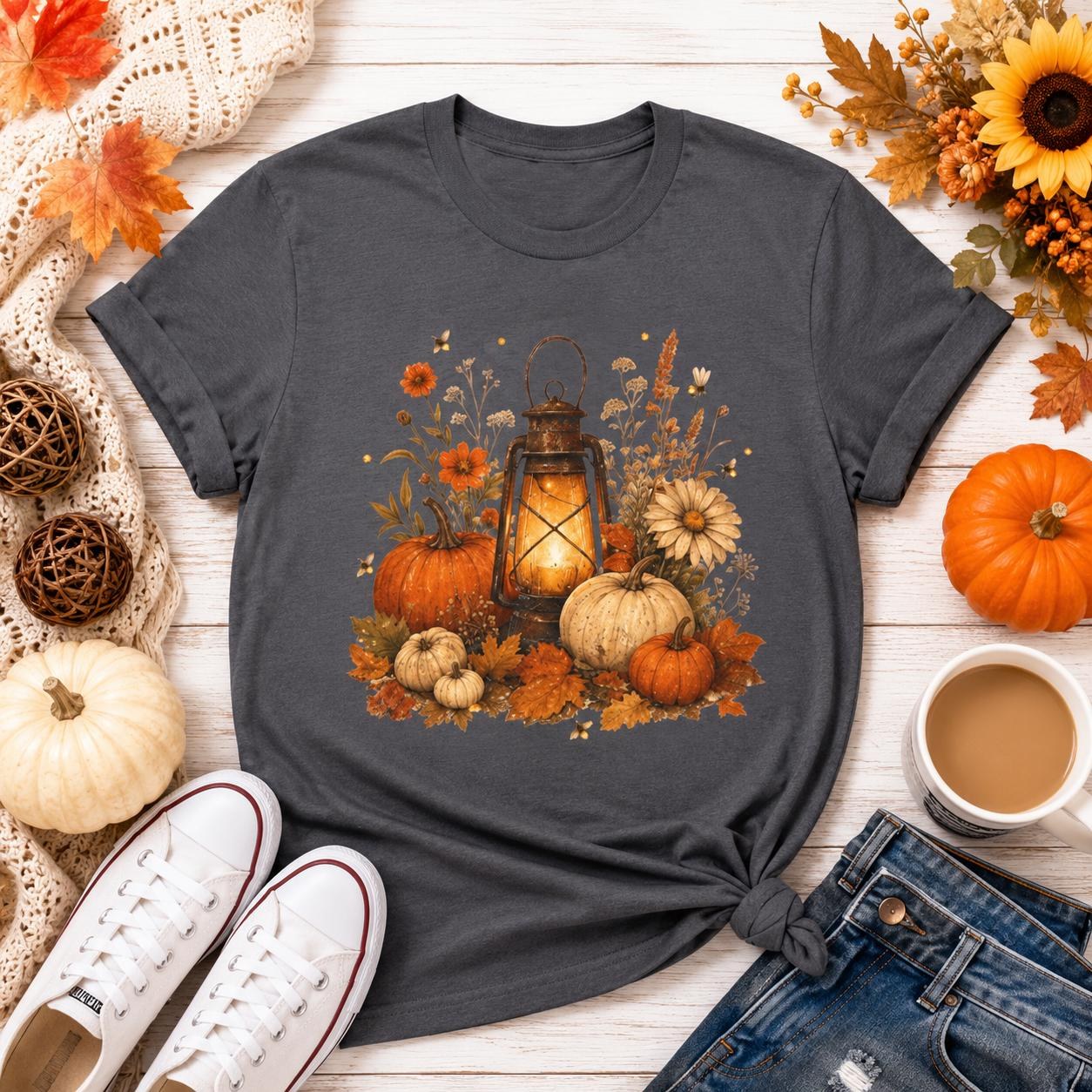 Vintage Pumpkin T-Shirt, Autumn Lantern Fall Tee, Cotton Halloween Shirt, view 2