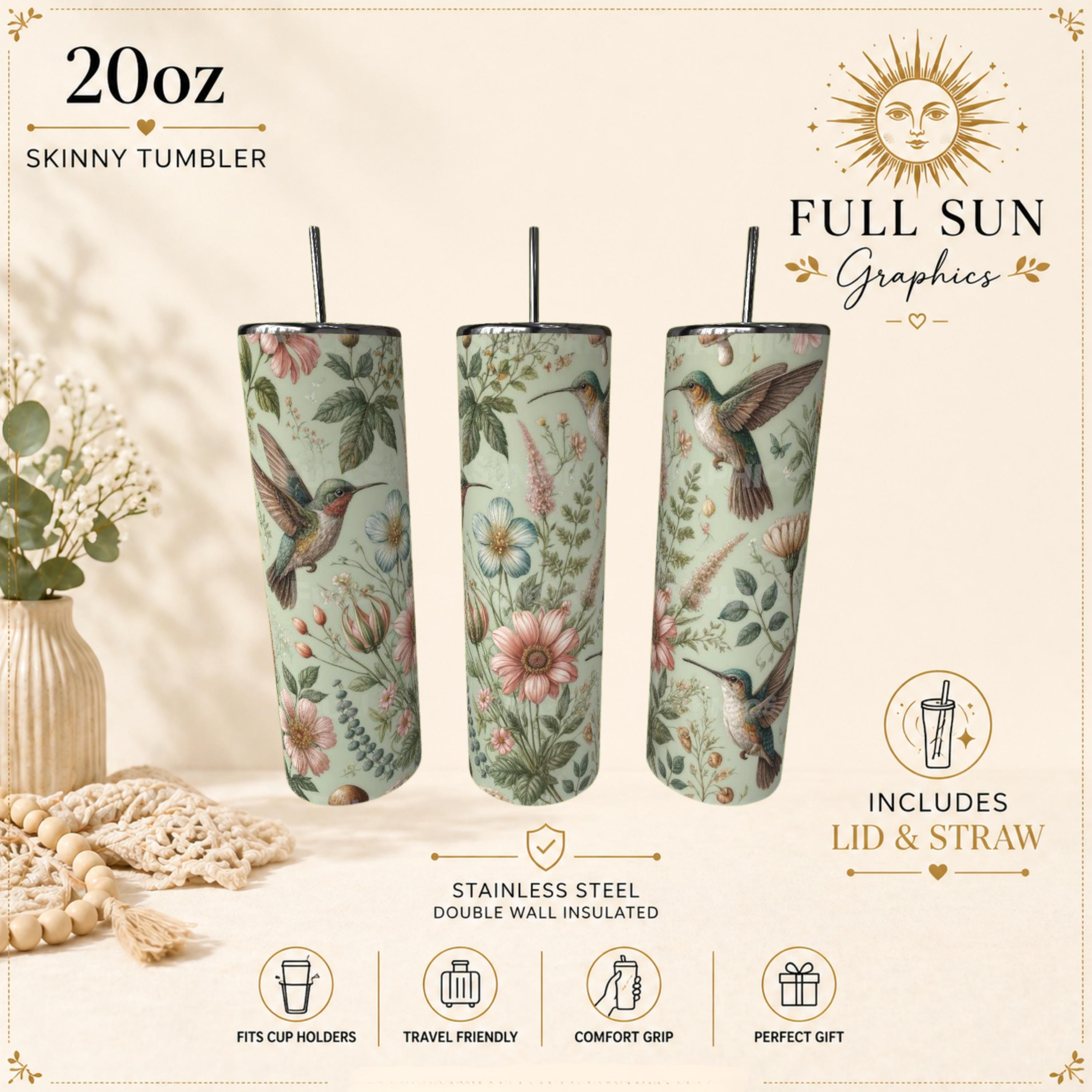 Hummingbird Botanical Floral Skinny Tumbler | Insulated Stainless Steel Cup, view 2