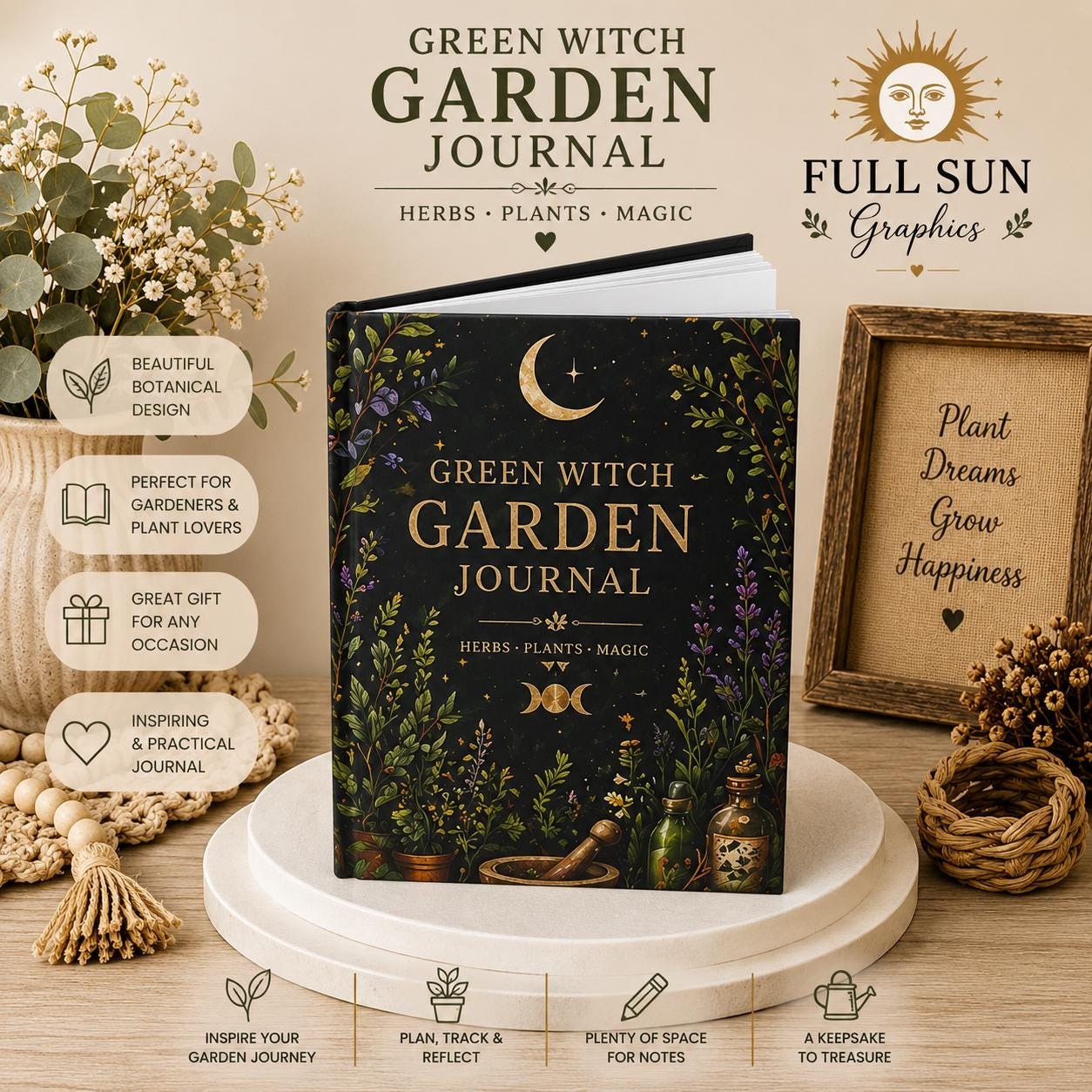 Herb Garden Journal, Green Witch Plant Hardcover Notebook, Gift for Gardener, view 2