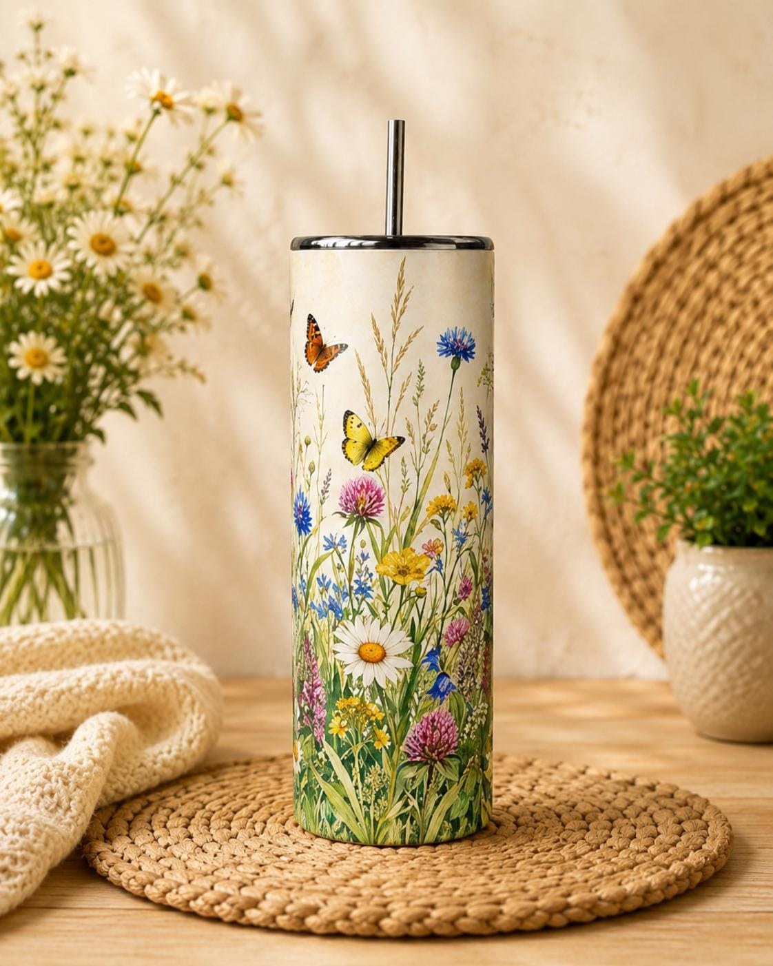 Wildflower Butterfly 20oz Skinny Tumbler Nature Lover Gift for Mom or Her