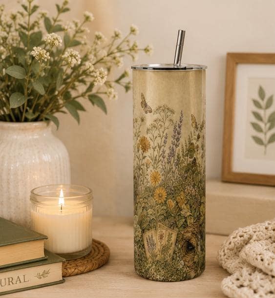 Vintage Botanical Wildflower Skinny Tumbler, Cottagecore Garden Travel Cup