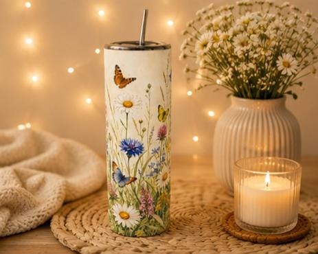 Wildflower Butterfly 20oz Skinny Tumbler Nature Lover Gift for Mom or Her, view 5