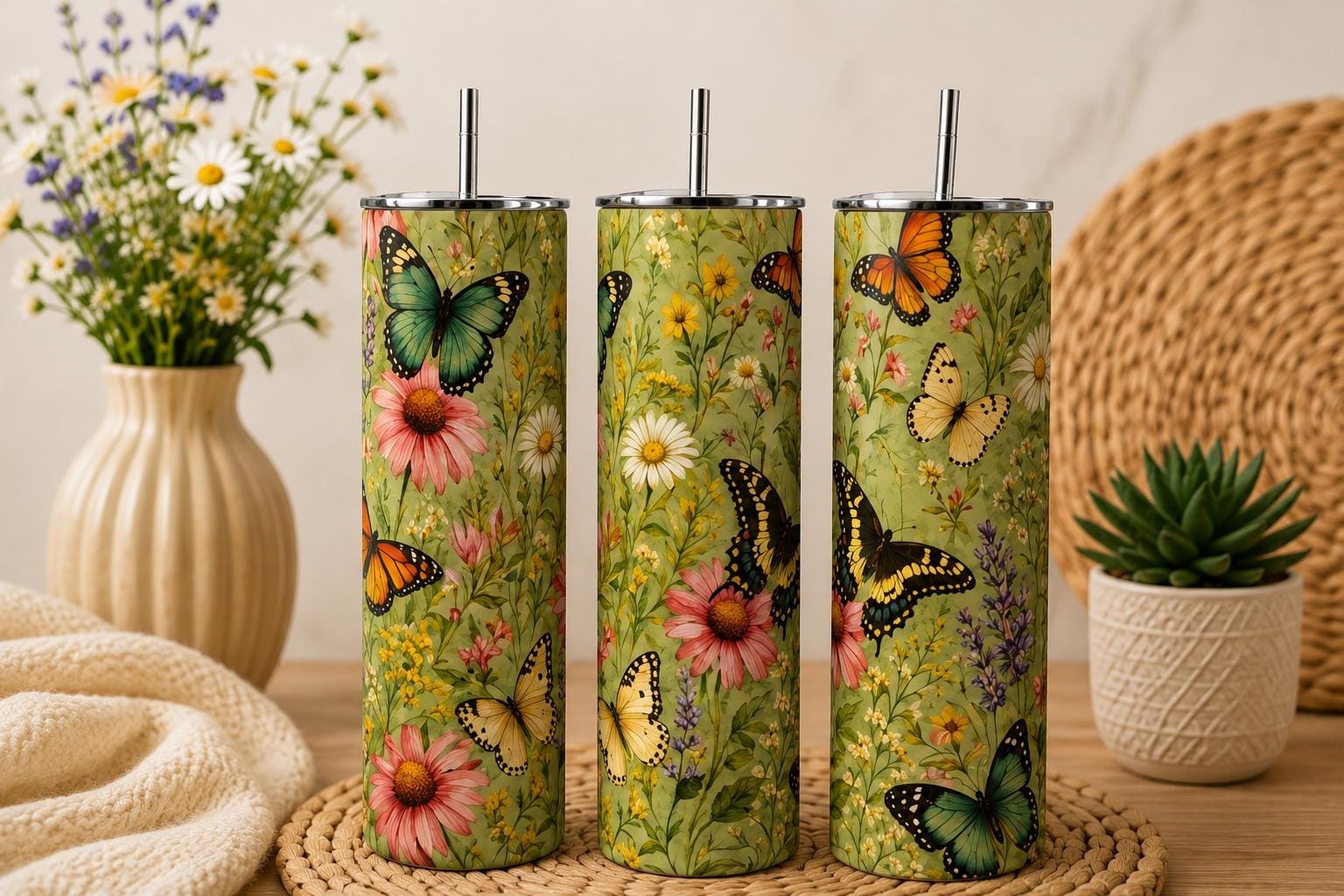 Butterfly Garden Tumbler, Vintage Botanical Wildflower Skinny Cup, view 2