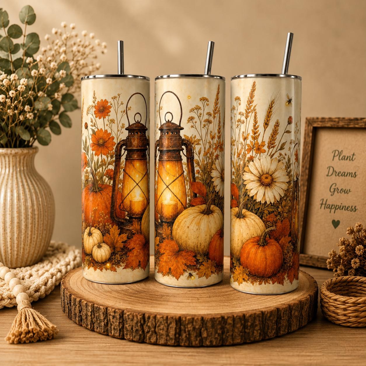 Fall Pumpkin Skinny Tumbler, Autumn 20oz with Straw, Fall Travel Cup Gift, view 3