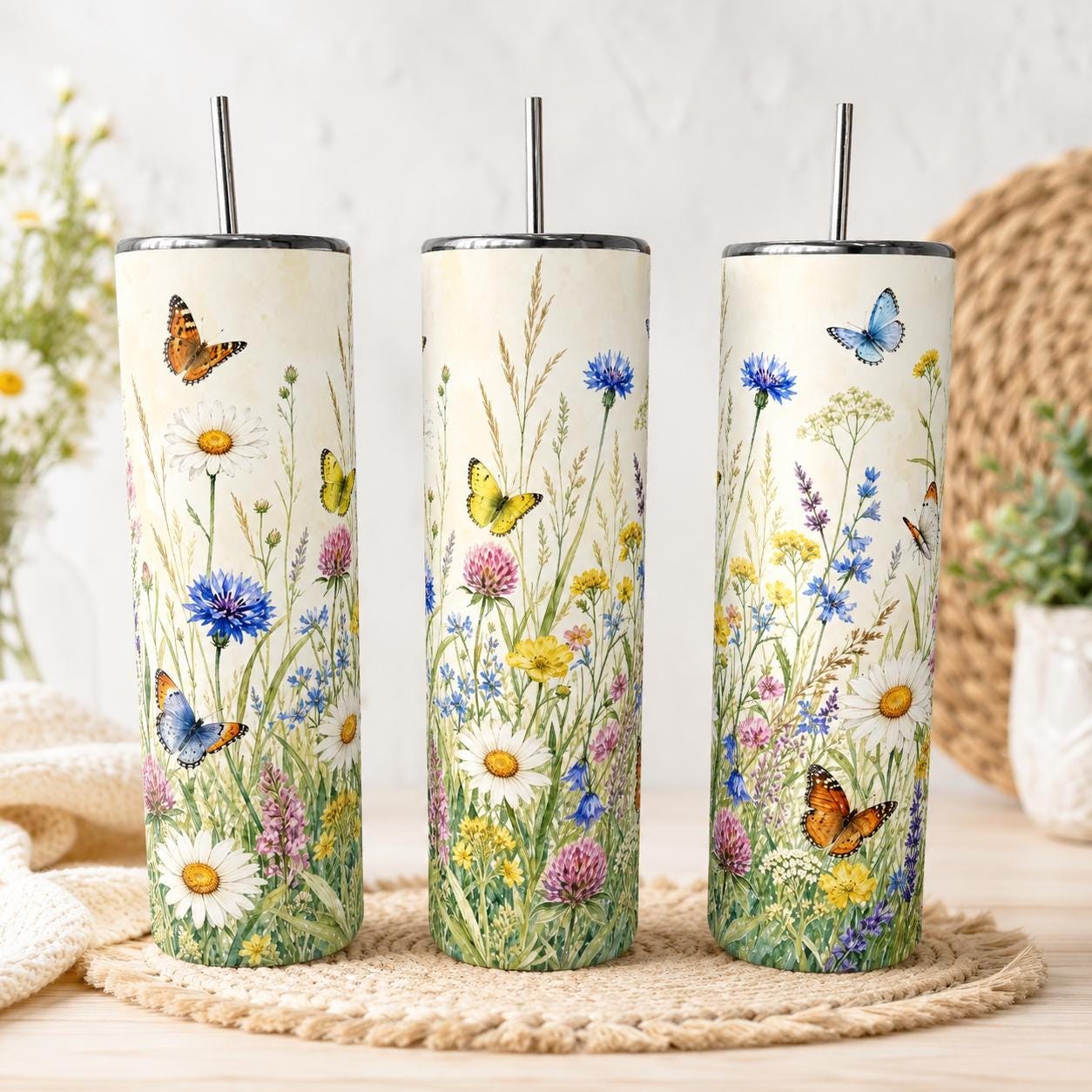 Wildflower Butterfly 20oz Skinny Tumbler Nature Lover Gift for Mom or Her, view 2