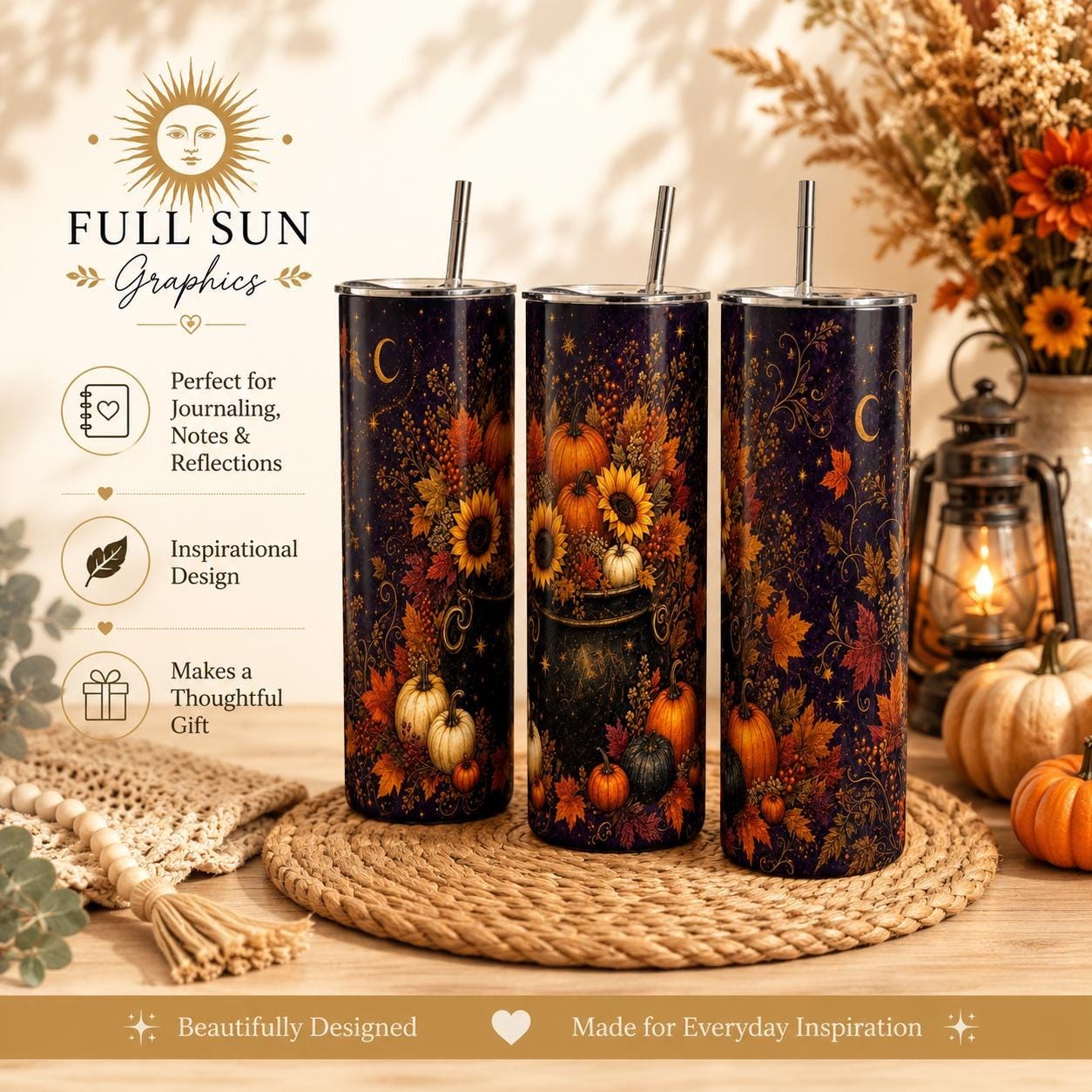 Fall Pumpkin Skinny Tumbler, Celestial Autumn 20oz Cup,Gift for Her, view 2