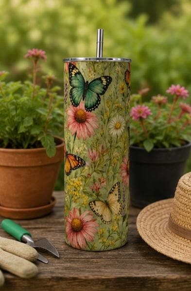 Butterfly Garden Tumbler, Vintage Botanical Wildflower Skinny Cup, view 5