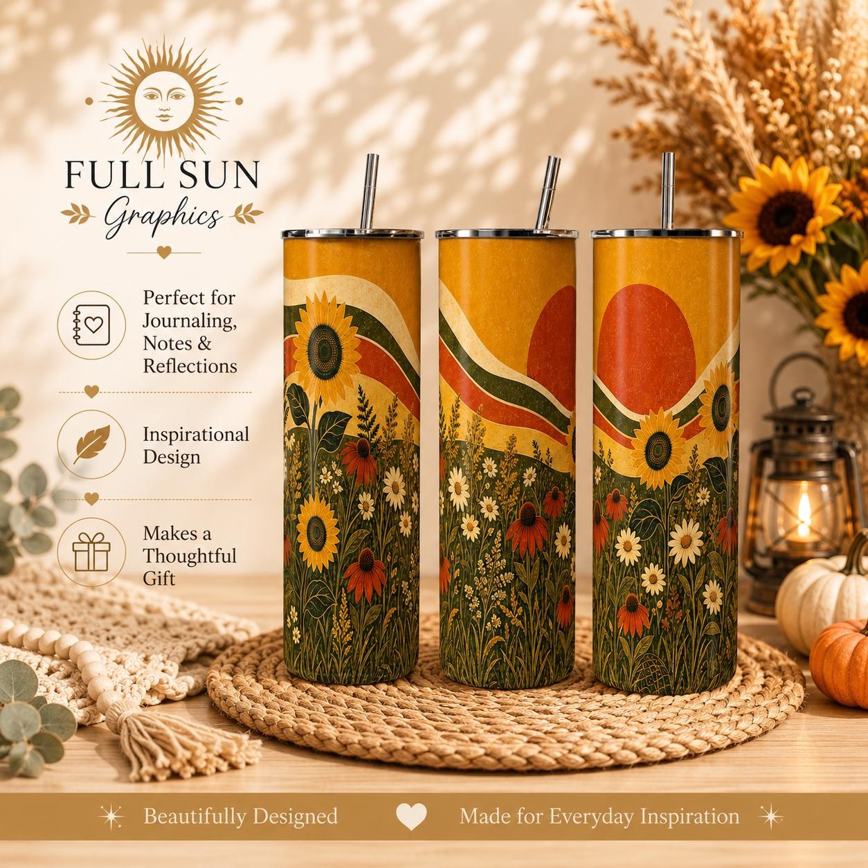 Retro Sunflower Skinny Tumbler, Boho Wildflower Cup, Sunflower Nature Gift, view 2