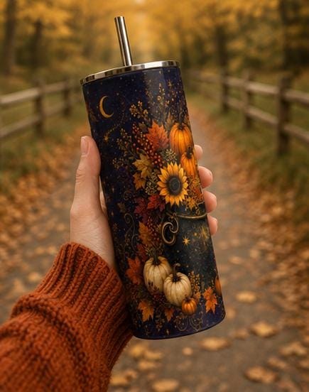 Fall Pumpkin Skinny Tumbler, Celestial Autumn 20oz Cup,Gift for Her, view 3