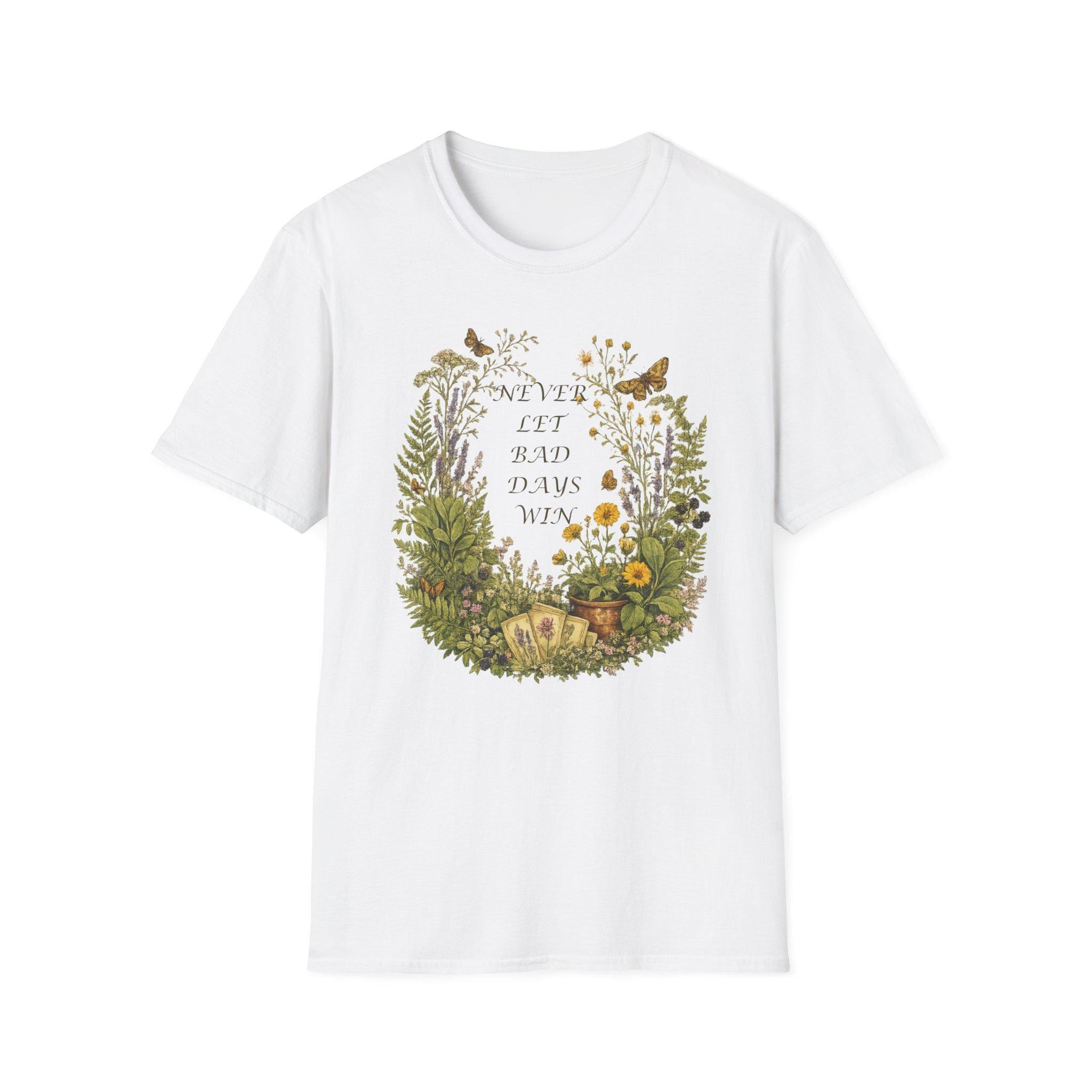 Floral Wreath T-Shirt, Inspirational Quote Tee, Never Let Bad Days Win, Nature Lover Gift, view 3