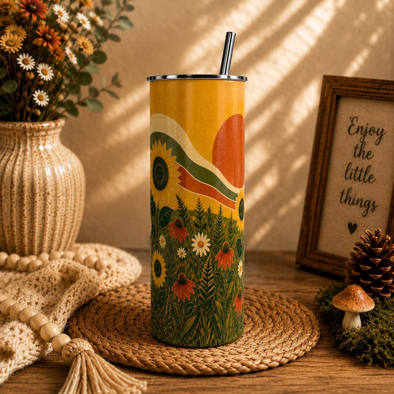Retro Sunflower Skinny Tumbler, Boho Wildflower Cup, Sunflower Nature Gift