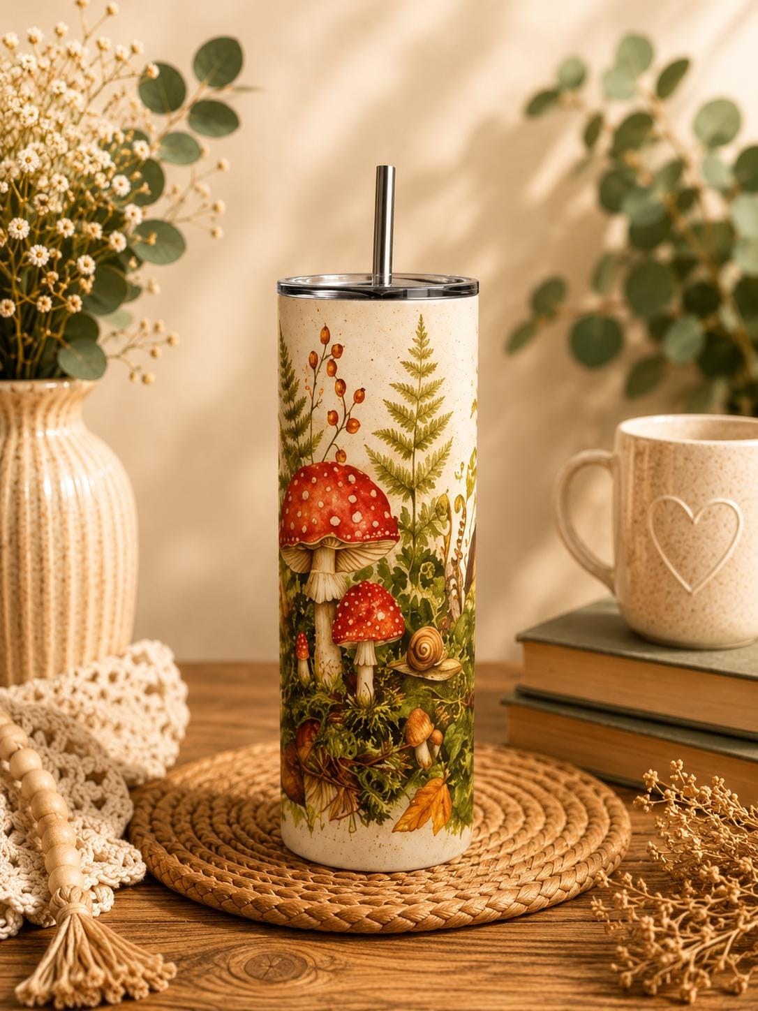 Mushroom Skinny Tumbler, Woodland Forest 20oz with Straw, Nature Lover Gift