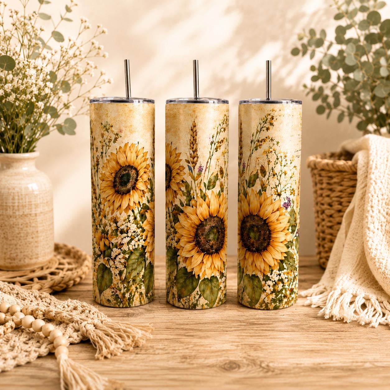 Wildflower Sunflower Tumbler, 20oz Stainless Steel Cup with Straw, Rustic Floral Gift for Her, view 2