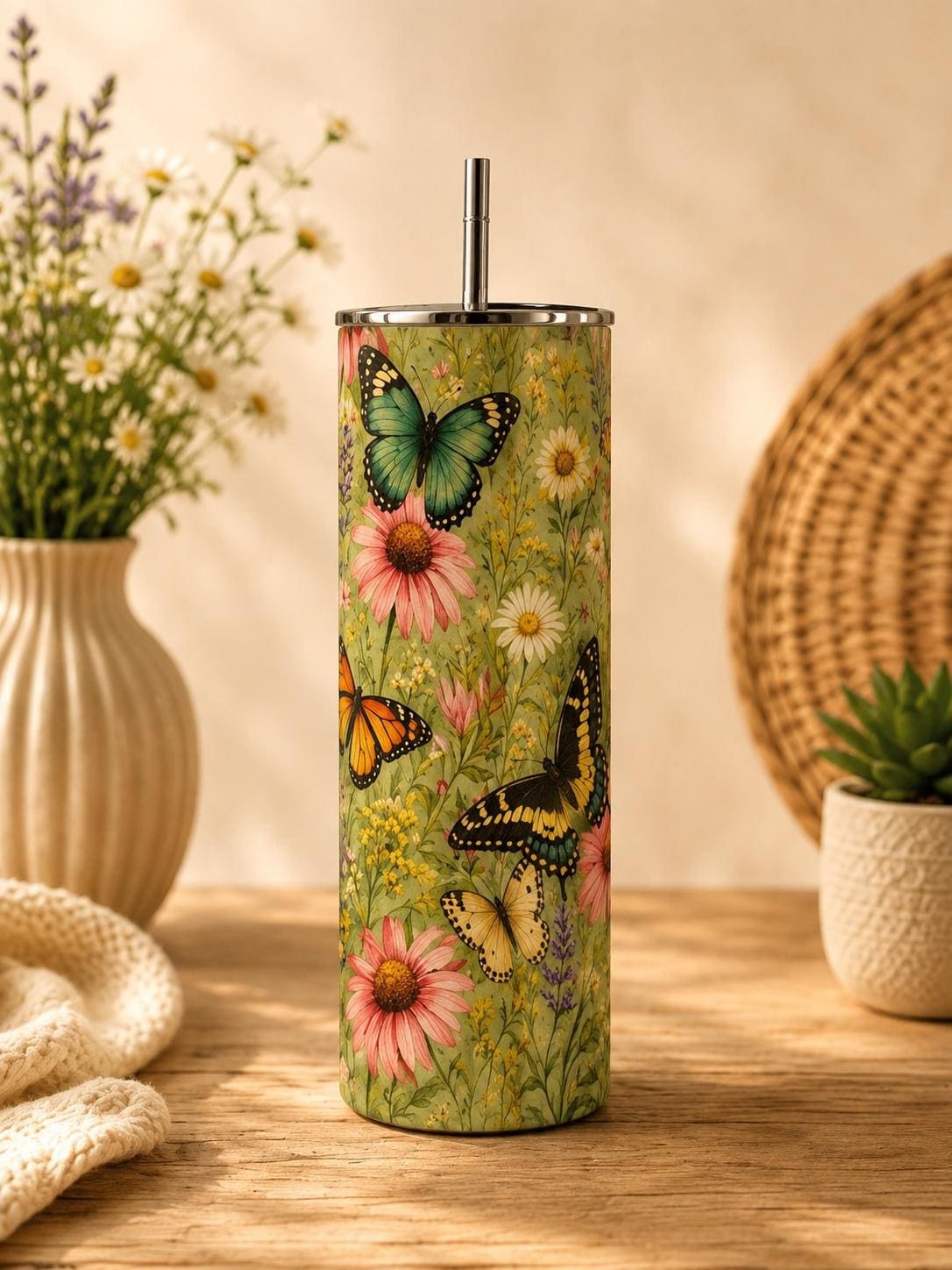 Butterfly Garden Tumbler, Vintage Botanical Wildflower Skinny Cup