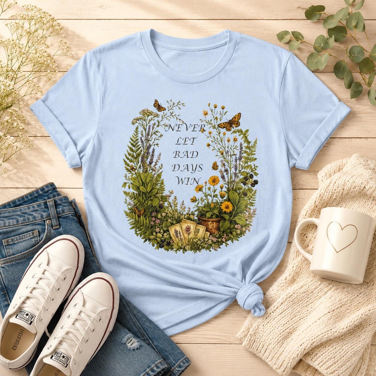 Floral Wreath T-Shirt, Inspirational Quote Tee, Never Let Bad Days Win, Nature Lover Gift, view 2