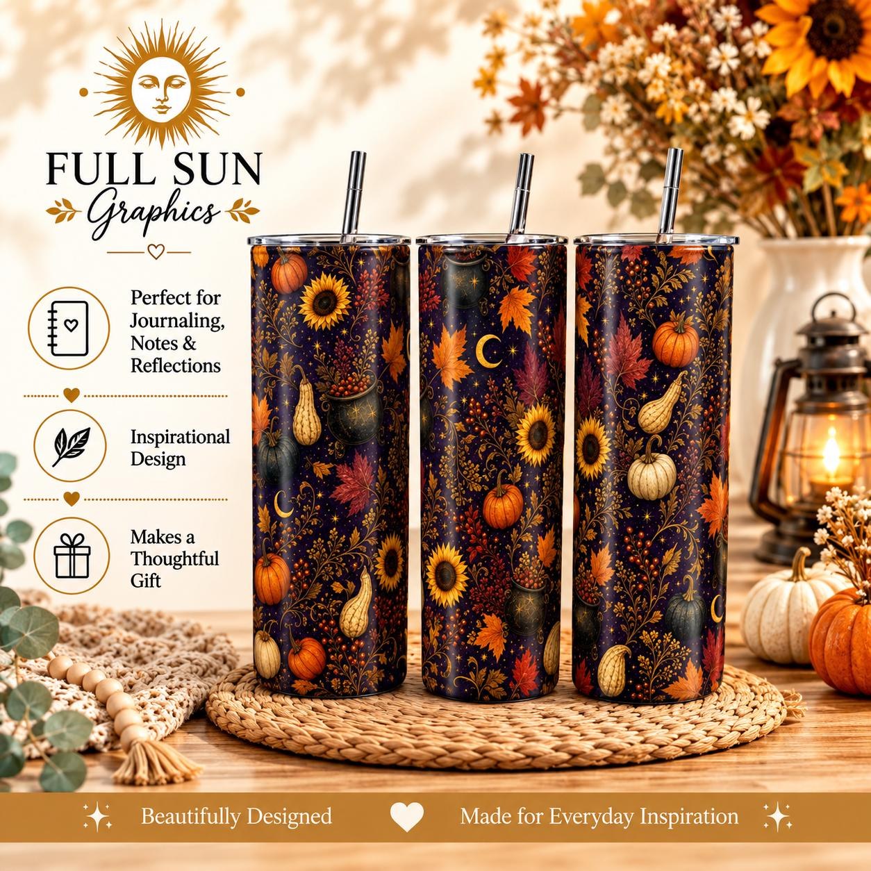 Pumpkin Celestial Skinny Tumbler, Fall Witchy 20oz Cup, Gift for Her, view 2