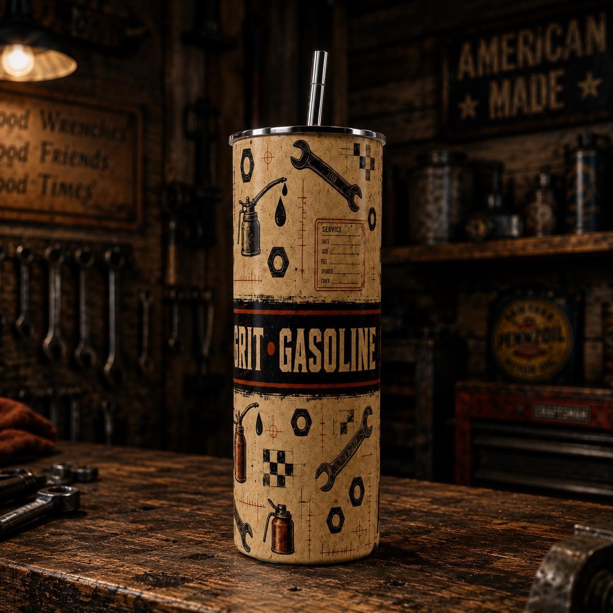 Mechanic Tumbler,Grease Grit Gasoline 20oz Cup with Straw, Automotive Gift