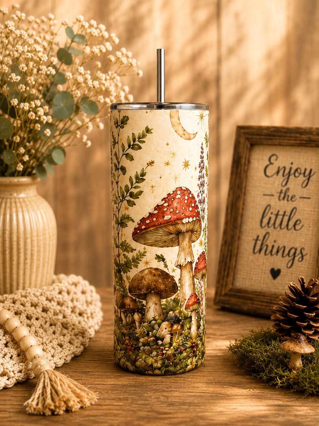 Mushroom Tumbler, Cottagecore Forest 20oz Skinny Cup with Straw, Fungi Lover Gift