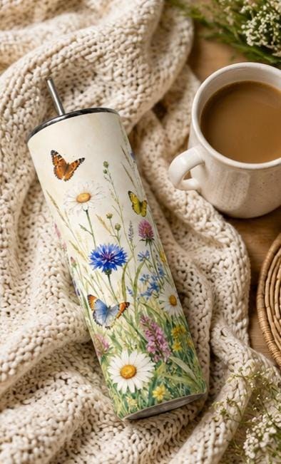 Wildflower Butterfly 20oz Skinny Tumbler Nature Lover Gift for Mom or Her, view 7