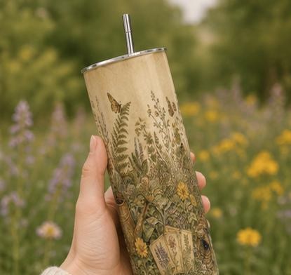 Vintage Botanical Wildflower Skinny Tumbler, Cottagecore Garden Travel Cup, view 3