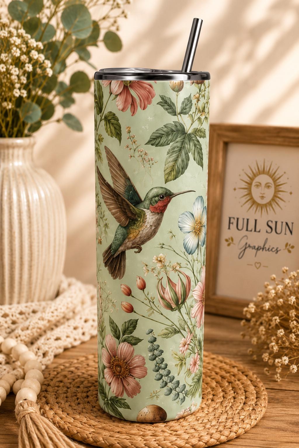 Hummingbird Botanical Floral Skinny Tumbler | Insulated Stainless Steel Cup