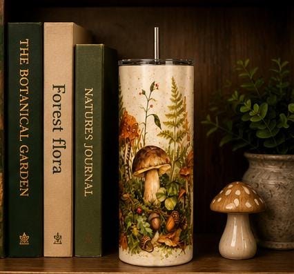 Mushroom Skinny Tumbler, Woodland Forest 20oz with Straw, Nature Lover Gift, view 4
