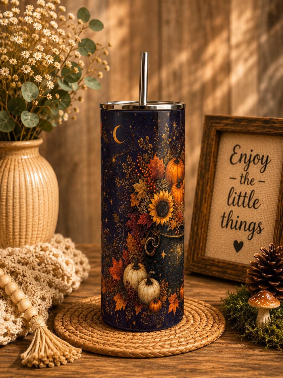 Fall Pumpkin Skinny Tumbler, Celestial Autumn 20oz Cup,Gift for Her