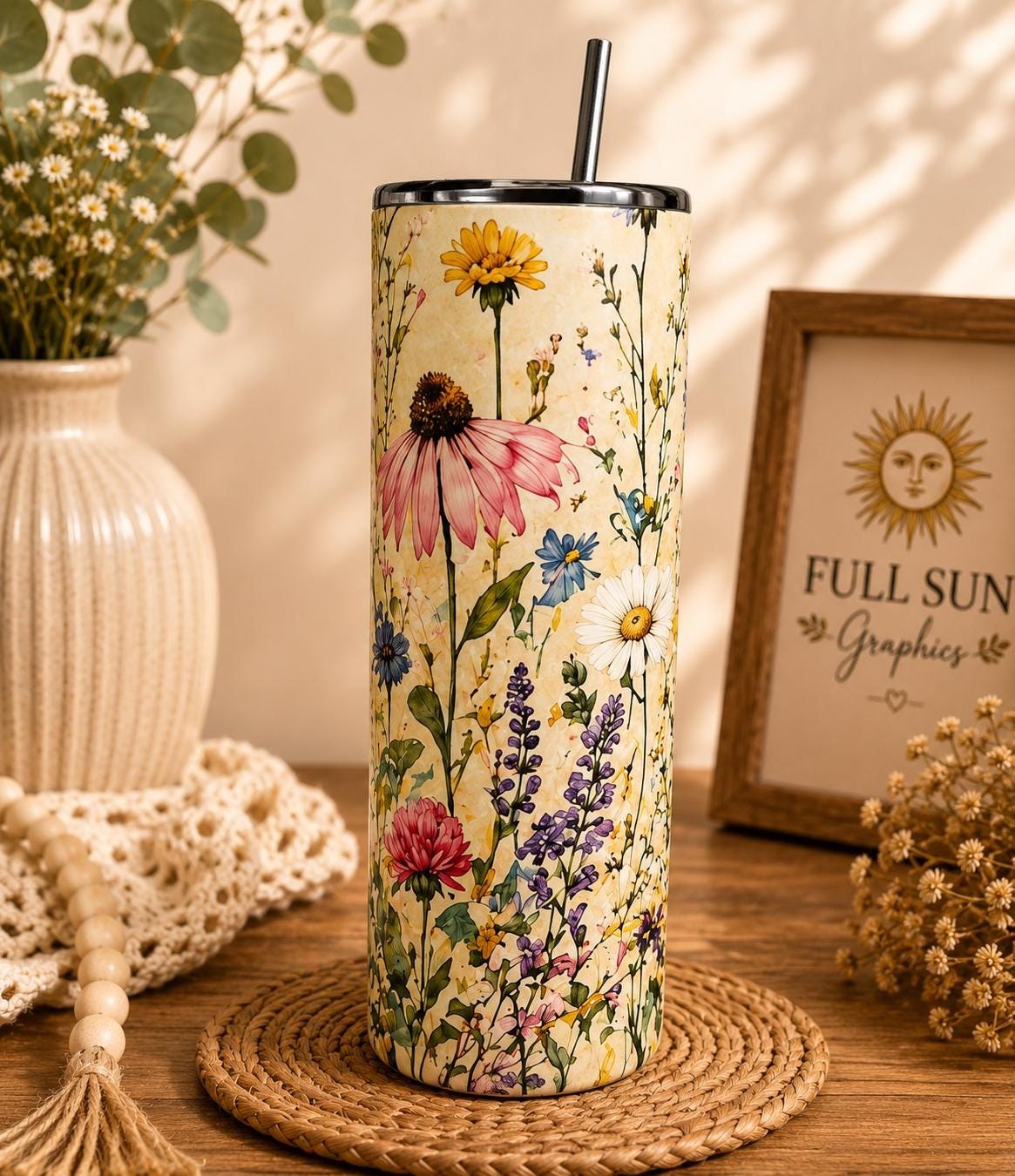 Wildflower Tumbler, Cottagecore Floral 20oz Stainless Steel Travel Cup